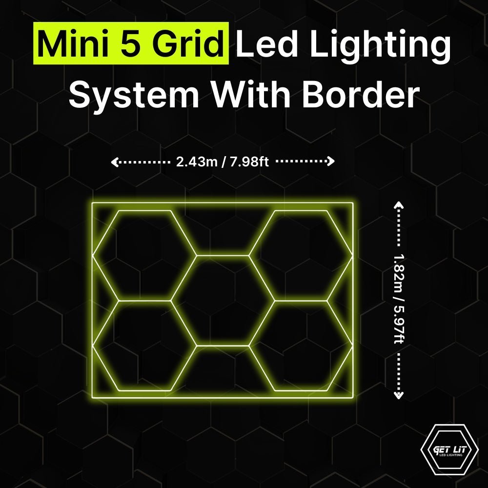 2.43m x 1.82m / 7.98ft x 5.97ft - MINI 5 PACK HEXAGRID LED LIGHTING SYSTEM WITH BORDER - Get Lit LED Lighting Store
