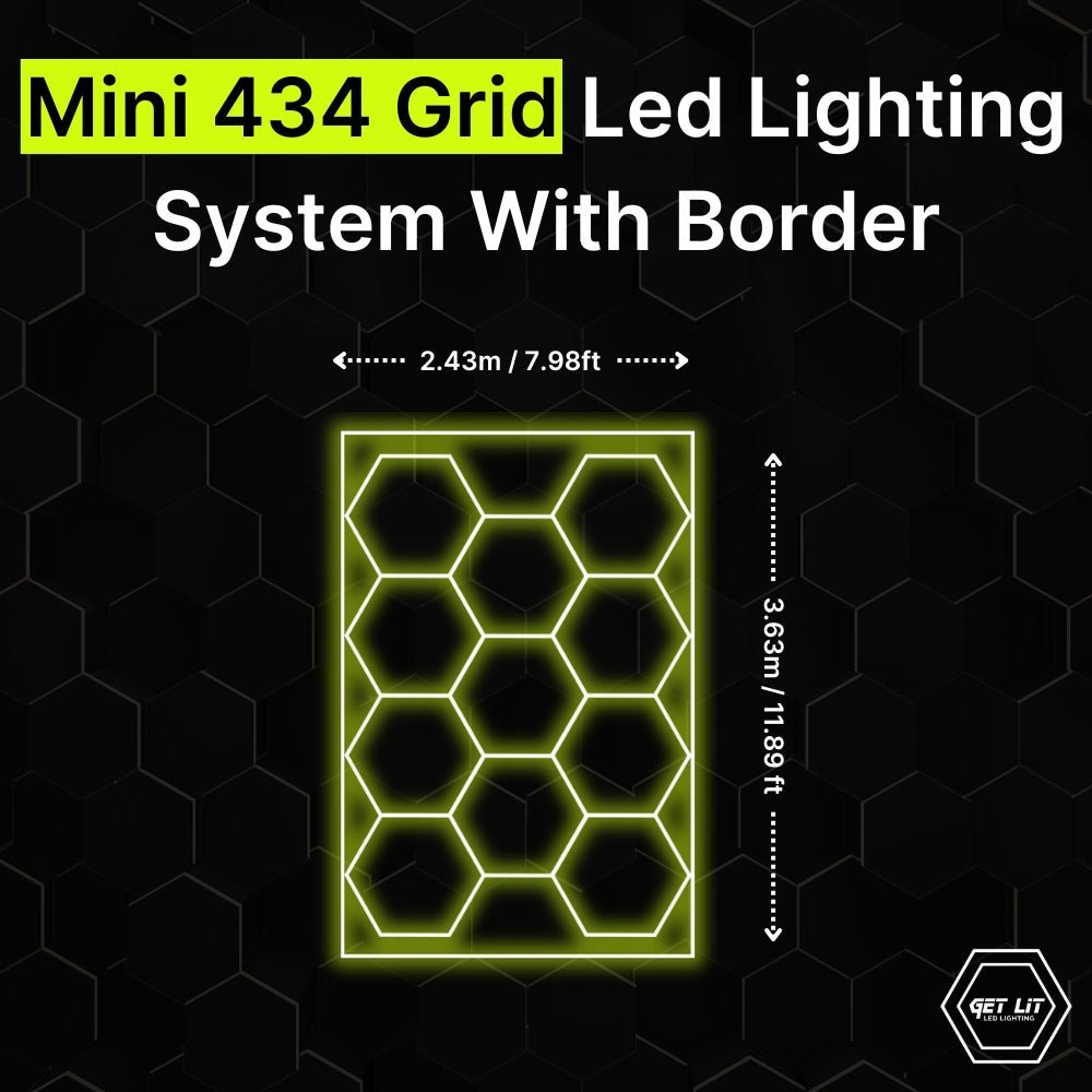 2.43m x 3.63m / 7.98ft x 11.89ft MINI 434 HEXAGRID LED LIGHTING SYSTEM WITH BORDER - Get Lit LED Lighting Store