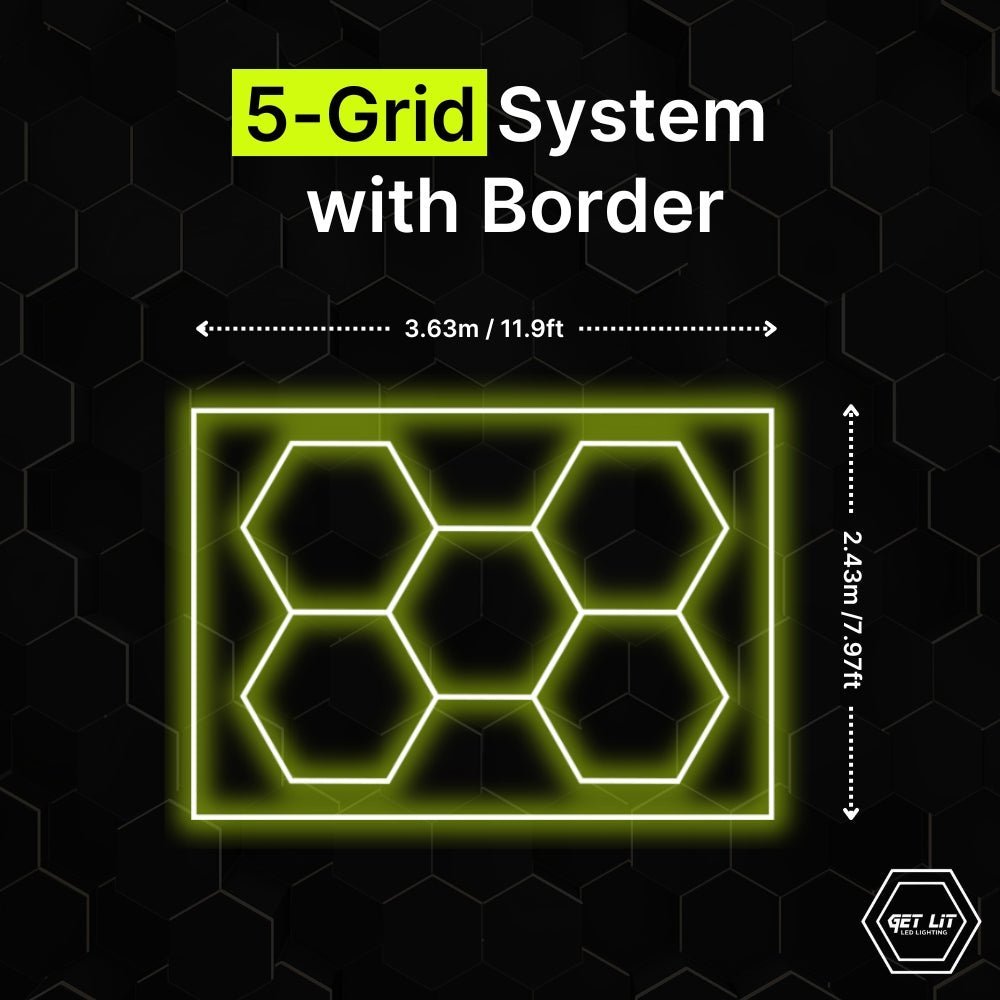 3.63m x 2.43m / 11.9ft x 7.97ft - 5 PACK HEXAGRID LED LIGHTING SYSTEM WITH BORDER - Get Lit LED Lighting Store