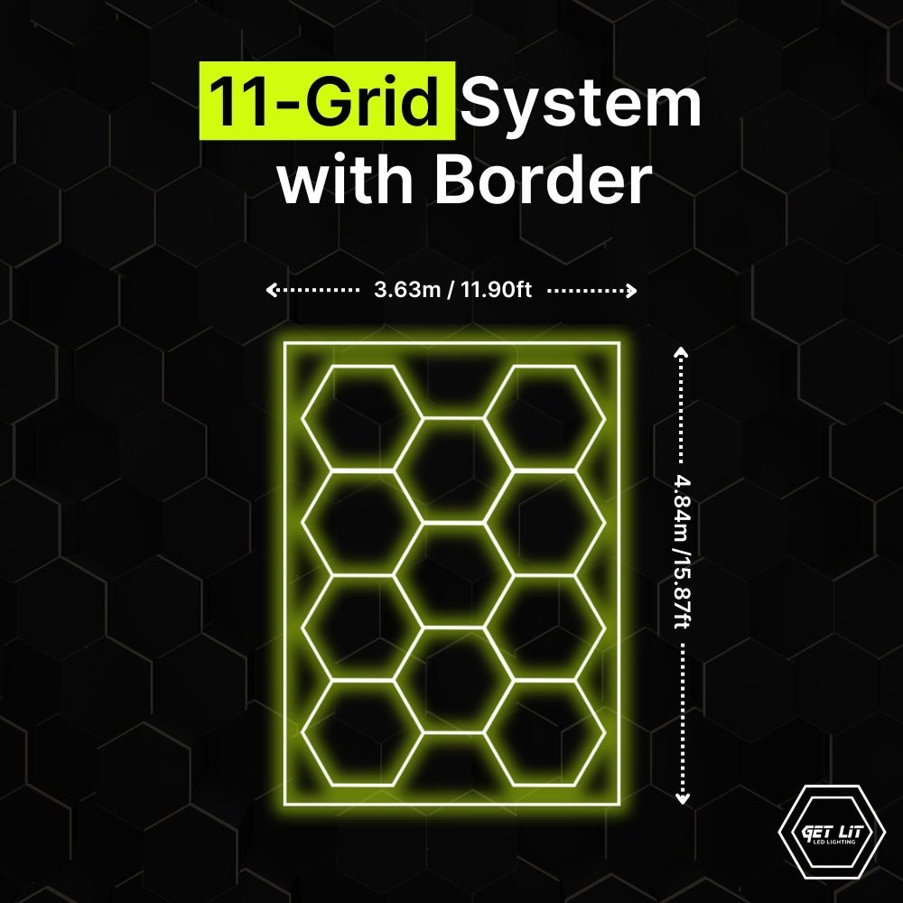 3.63m x 4.84m / 11.90ft x 15.87ft - 434 HEXAGRID LED LIGHTING SYSTEM WITH BORDER - Get Lit LED Lighting Store