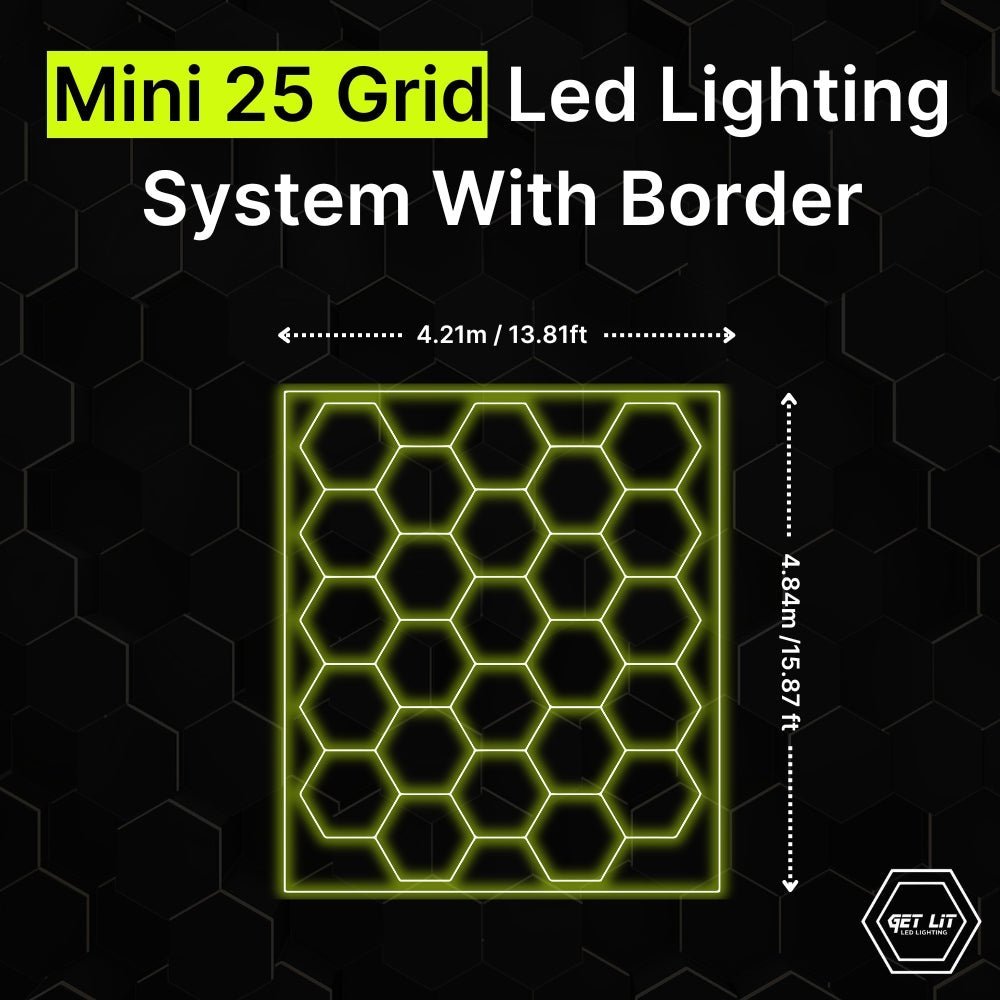4.21m x 4.84m / 13.81ft x 15.87ft MINI HEXAGRID LED LIGHTING SYSTEM WITH BORDER - Get Lit LED Lighting Store