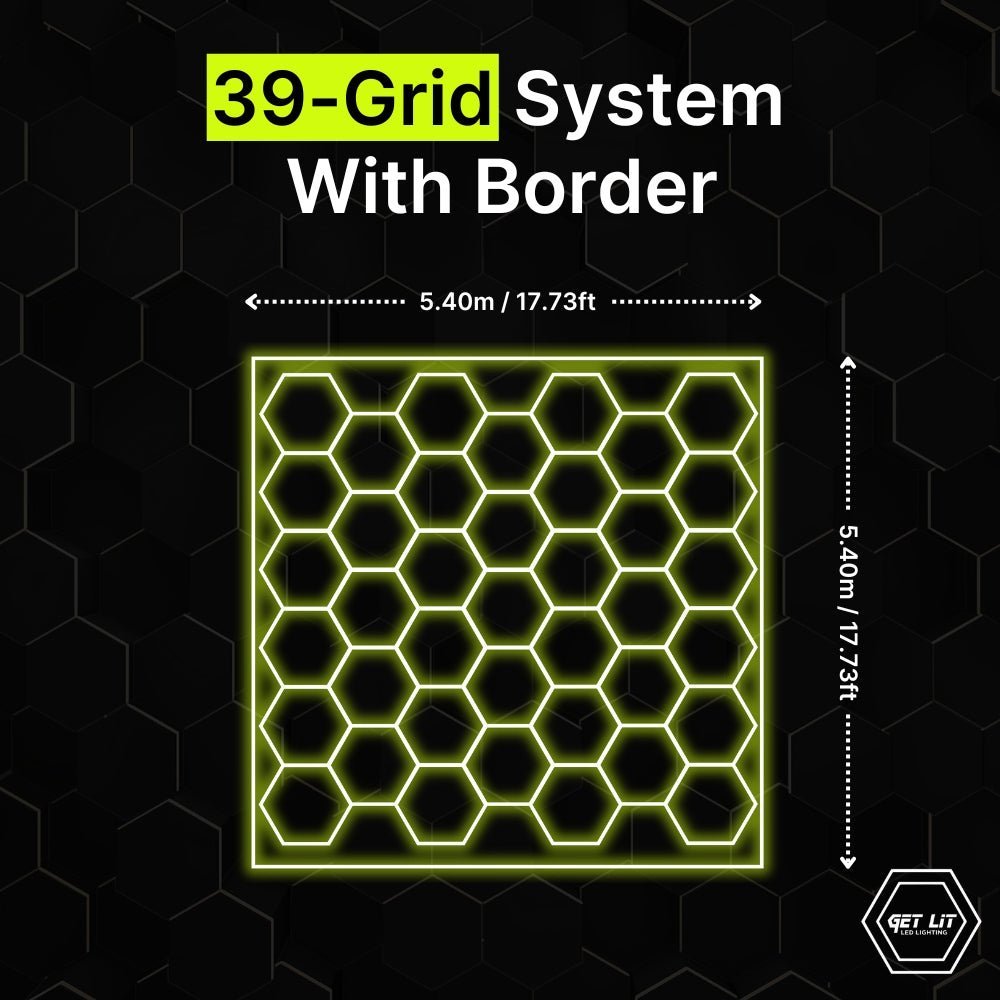 5.40m x 5.40m / 17.73ft x 17.73ft HEXAGRID LED LIGHTING SYSTEM WITH BORDER - Get Lit LED Lighting Store