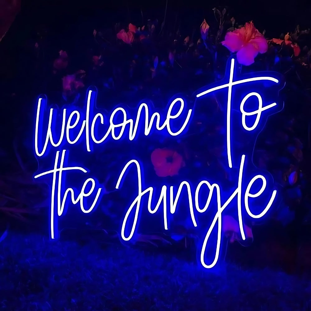 Welcome to the Jungle' blue neon lights, creating a bold and exciting atmosphere