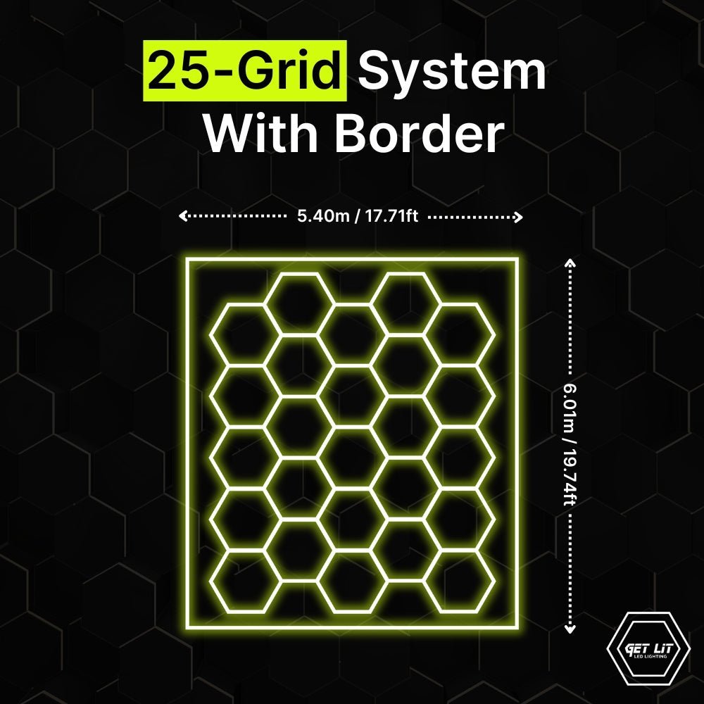 6.01m x 5.40m / 19.74ft x 17.71ft HEXAGRID LED LIGHTING SYSTEM WITH BORDER - Get Lit LED Lighting Store