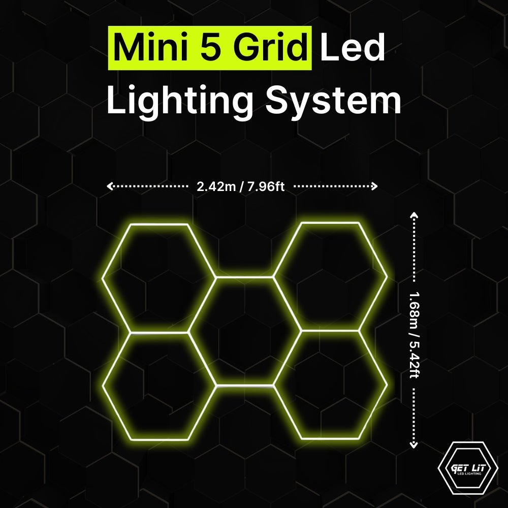 7.96ft x 5.52ft / 1.68m x 2.42m: MINI 5 PACK HEXAGRID LED LIGHTING SYSTEM - Get Lit LED Lighting Store