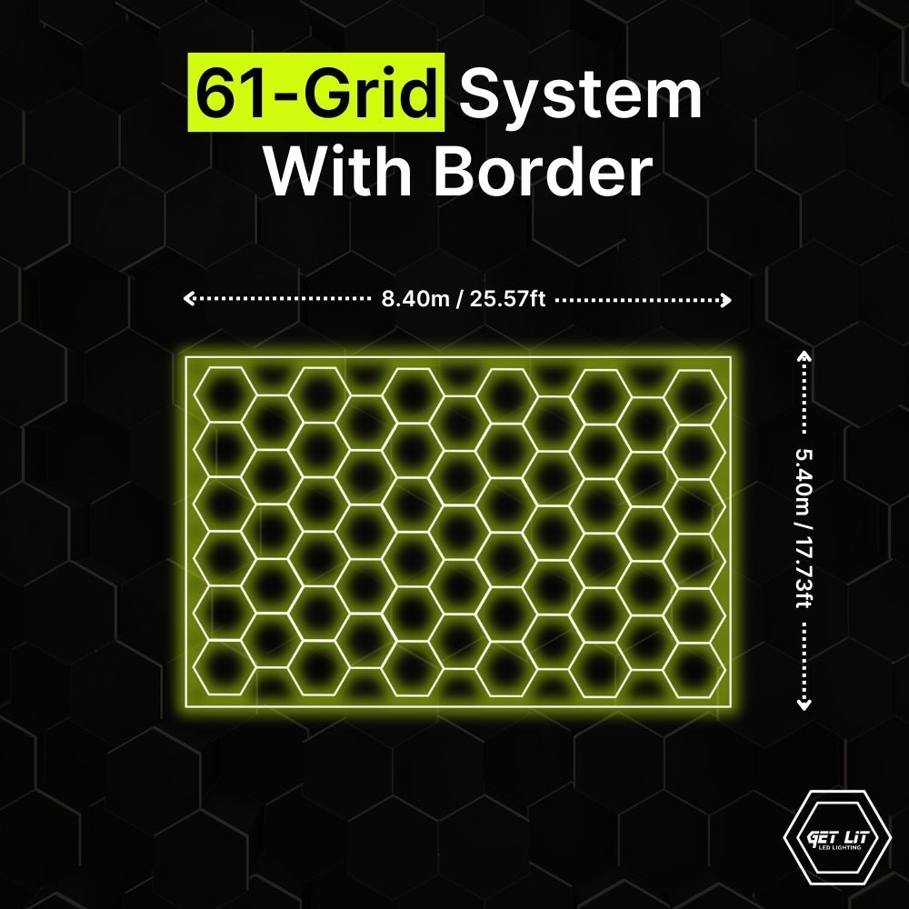 8.40m x 5.40m / 25.57ft x 17.73ft HEXAGRID LED LIGHTING SYSTEM WITH BORDER - Get Lit LED Lighting Store