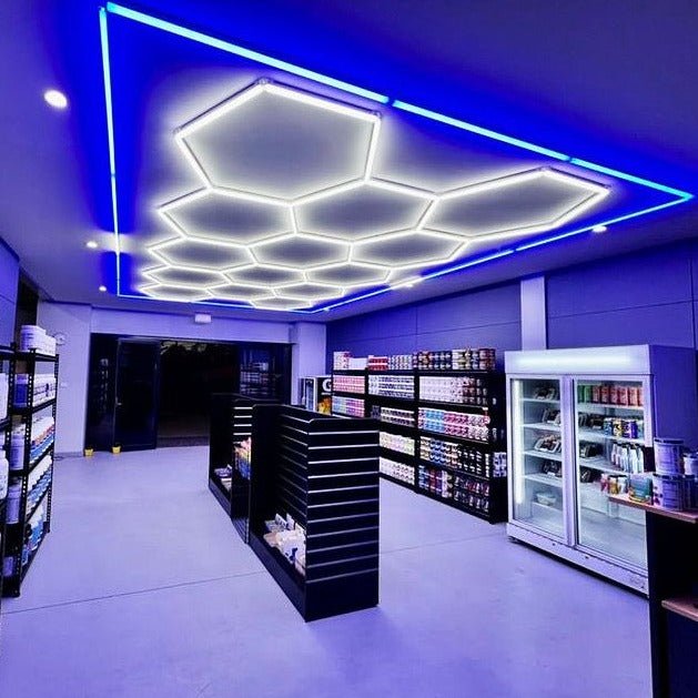 5.42m x 3.63m / 17.78ft x 11.90ft HEXAGRID LED LIGHTING SYSTEM WITH BORDER - Get Lit LED Lighting Store