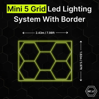 2.43m x 1.82m / 7.98ft x 5.97ft - MINI 5 PACK HEXAGRID LED LIGHTING SYSTEM WITH BORDER - Get Lit LED Lighting Store