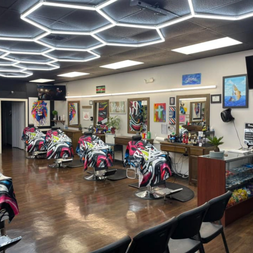 Elegant salon interior, illuminated by sleek hexagon LED grid lights on the ceiling