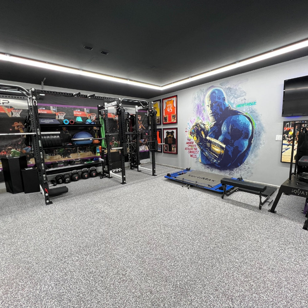 Fitness gym illuminated by sleek rectangular LED lights, offering bright and uniform lighting for an optimal workout environment